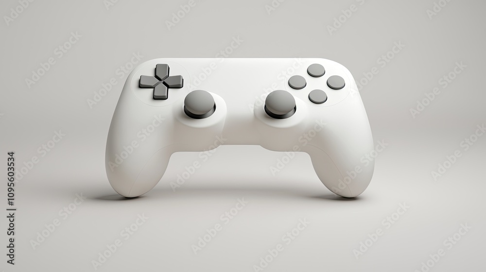 A modern white gaming controller with gray buttons, placed on a minimalist background, emphasizing sleek design and functionality. A modern white gaming controller with gray buttons, placed on a minimalist background, emphasizing sleek design and functionality.