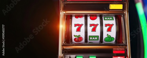 A vibrant image of a classic slot machine displaying three sevens, accompanied by fruit symbols, representing luck and gambling excitement. photo