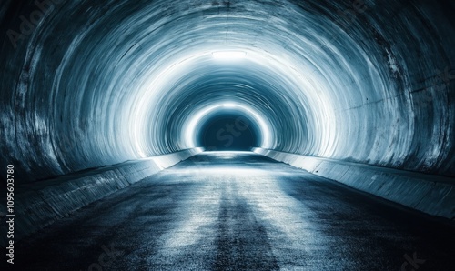 Mysterious tunnel with bright light at end, concrete walls, smooth road surface, dark interior, atmospheric perspective