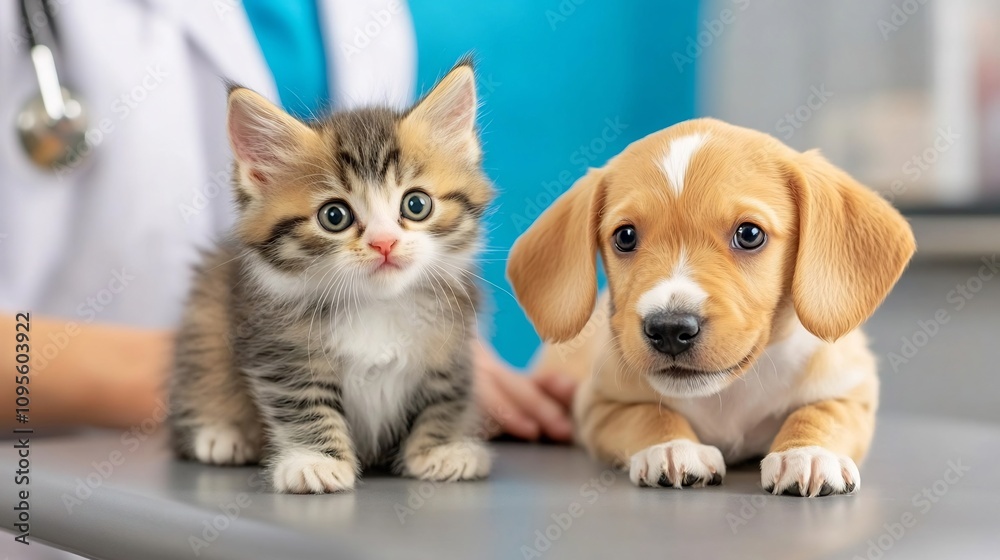Fluffy Kitten and Playful Puppy Examined Side by Side on Shared Examination Table Fluffy Kitten and Playful Puppy Examined Side by Side on Shared Examination Table