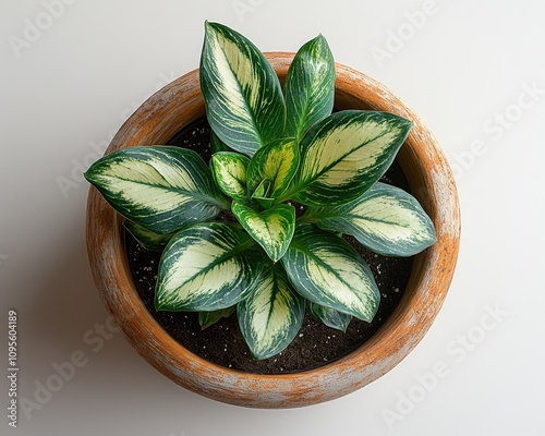Green plant with white stripes in a pot. Perfect for adding a touch of nature to your designs, presentations, or social media.