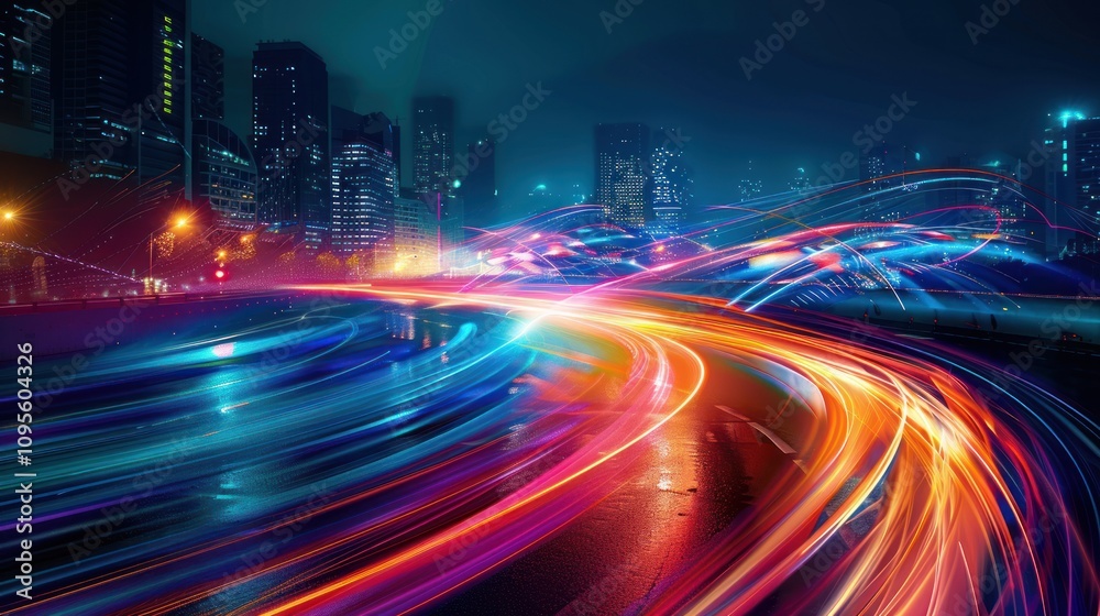 Vibrant cityscape with light trails from vehicles on a wet road at night. Vibrant cityscape with light trails from vehicles on a wet road at night.