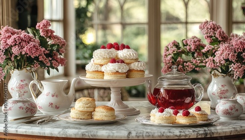Tea and scones with whipped cream and berries. This image represents a delicious and charming afternoon tea party.