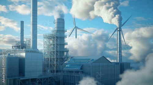 Industrial complex with smokestacks and wind turbines, emitting smoke and steam against a cloudy blue sky.