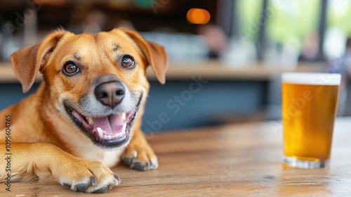 A smiling dog lies next to a glass of beer on a wooden table in a bar, creating a warm, inviting atmosphere. The focus is on the playful dog's expression. photo