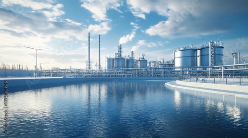 Industrial complex with large storage tanks, pipes, and a water reservoir in the foreground.