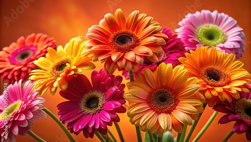 Bright orange backdrop, festive gerberas, summer/autumn card.