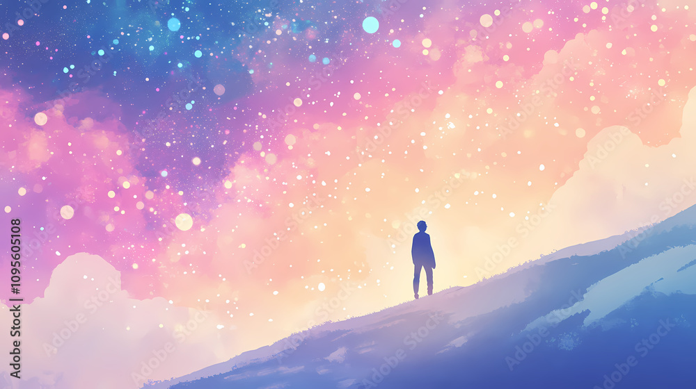 Man walking under galaxy glow light sky, dreamy ethereal fantasy vibes background. Galactic Horizon Edge. Illustration Man walking under galaxy glow light sky, dreamy ethereal fantasy vibes background. Galactic Horizon Edge. Illustration