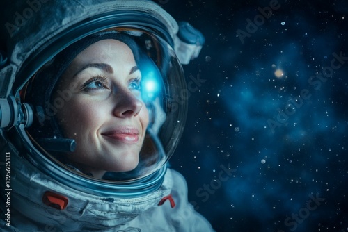 A woman in a space suit is smiling and looking out into space