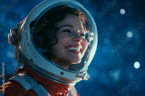 A woman in a space suit is smiling and looking up at the sky