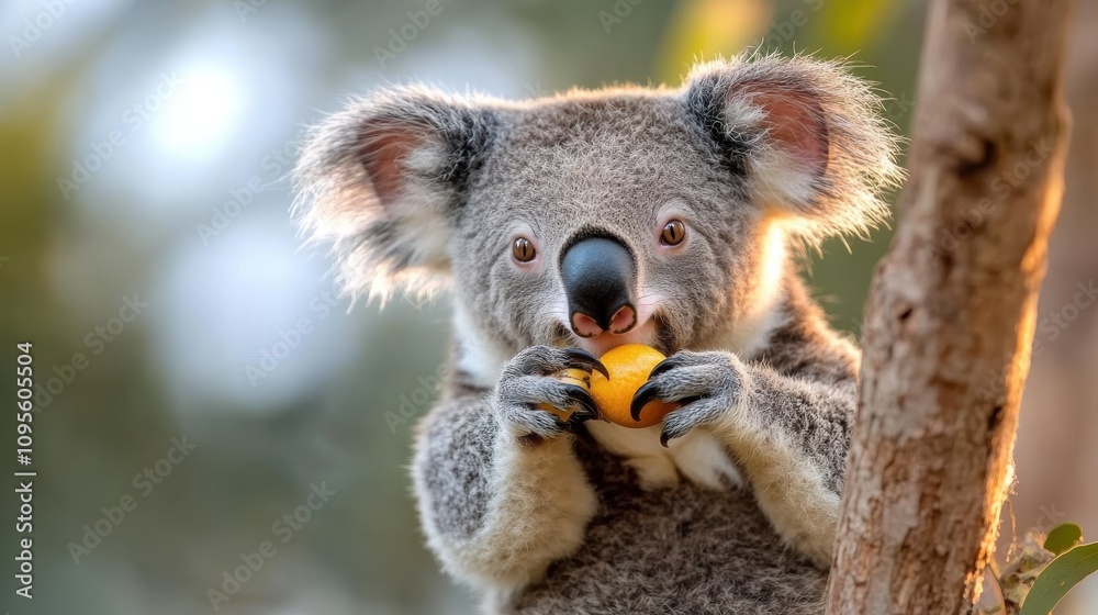 Fototapeta premium A charming koala clings to a tree while holding a small, bright orange fruit in its hands, gazing curiously at the camera against a blurred background.