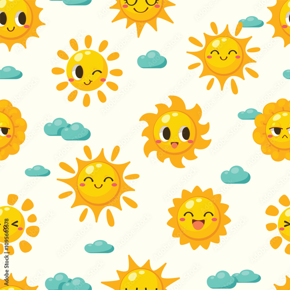 Seamless pattern cartoon of suns with different faces and shapes. Funny vector print sun for kids textile design. Pattern design for fabric, wrapping paper, surface, wallpaper and fashion prints.