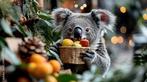 Fototapeta Naklejka Na Ścianę i Meble -  In a festive atmosphere brimming with lights, an adorable koala is nestled among leaves, holding a basket of assorted fruits, creating a playful holiday feel.