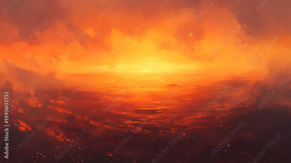 Fototapeta premium An ethereal vista unfolds as a fiery sunrise crests the edge of a barren alien world, with a vibrant nebula glowing across the cosmic expanse. Galactic Horizon Edge. Illustration