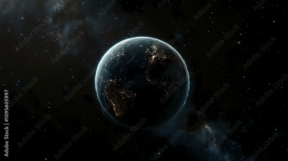 Obraz premium A mesmerizing high-resolution view of earth from space at night showing lit-up cities and continents against the dark void of space. Galactic Horizon Edge. Illustration