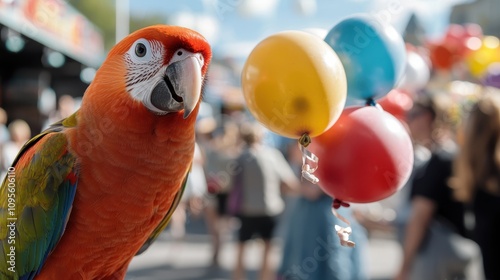 A bright parrot with a mix of red and orange feathers poses next to vibrant balloons amid a busy fairground setting, capturing liveliness and excitement. photo