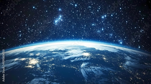 Fototapeta Naklejka Na Ścianę i Meble -  A breathtaking view of earth's sky from space, the blue atmosphere curving along the planet's edge with the stars above. Galactic Horizon Edge. Illustration