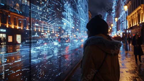 A person gazes at a digital display of city traffic and data at night.