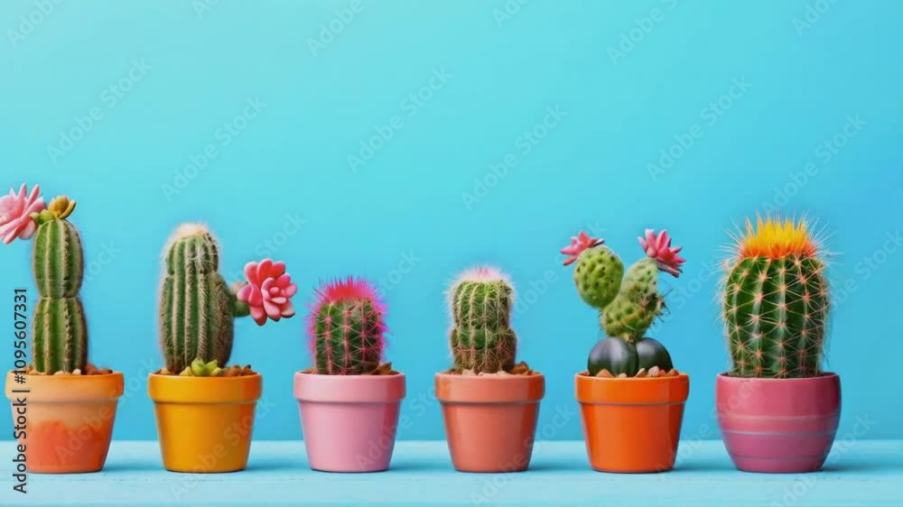 Colorful potted cacti against a blue background, showcasing plant diversity and decor. Colorful potted cacti against a blue background, showcasing plant diversity and decor.