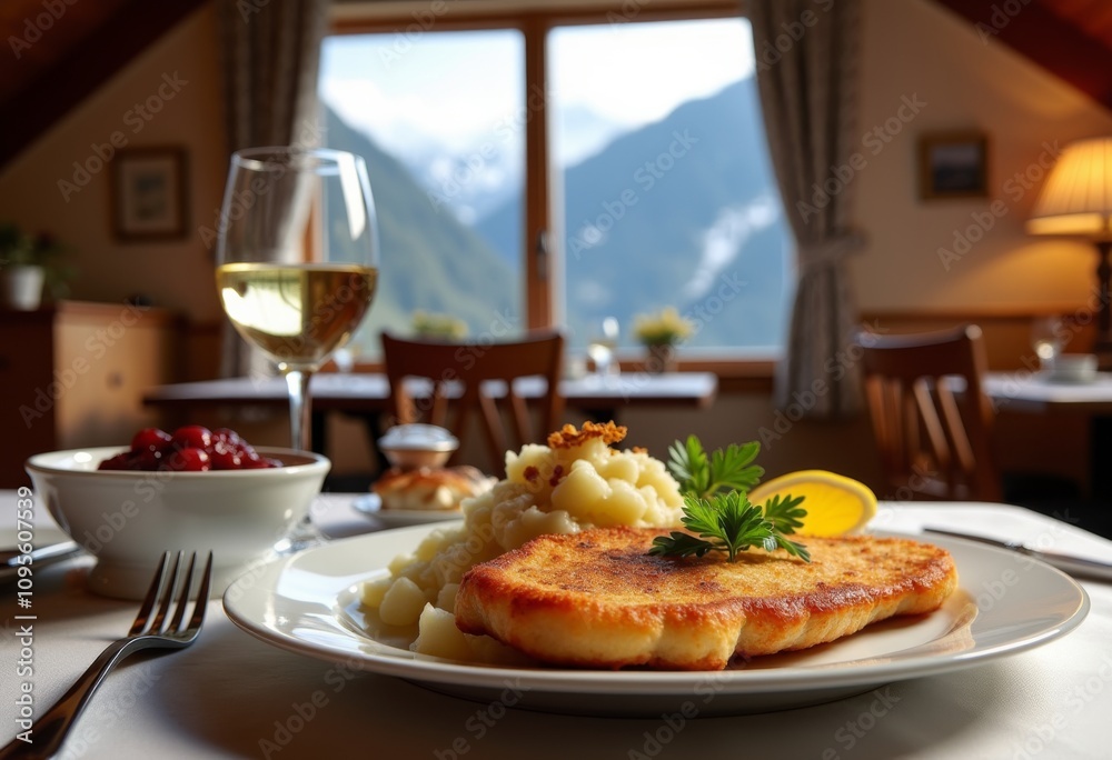 Delicious fish dish served with mashed potatoes and a glass of white wine in a cozy mountain restaurant setting Delicious fish dish served with mashed potatoes and a glass of white wine in a cozy mountain restaurant setting