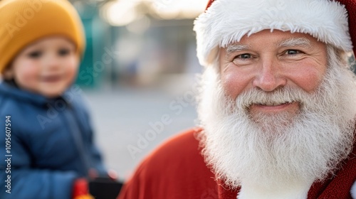 Santa Claus stands outdoors in a snowy setting, happily interacting with a child, embodying the magic of holiday spirit and childhood wonder during Christmas time. photo