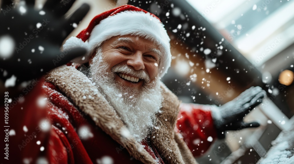 Santa Claus, donned in a fur coat, joyfully embraces the falling snow, capturing the essence of winter wonder and holiday cheer with a warm, merry smile. Santa Claus, donned in a fur coat, joyfully embraces the falling snow, capturing the essence of winter wonder and holiday cheer with a warm, merry smile.