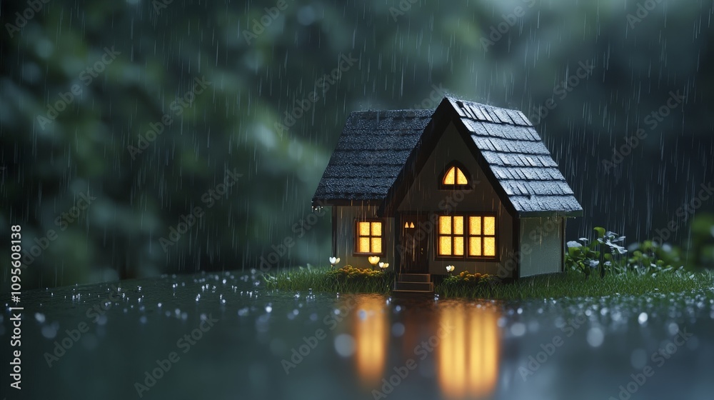 Fototapeta premium A small cozy house with warm lights glowing inside, surrounded by heavy rainfall outside.