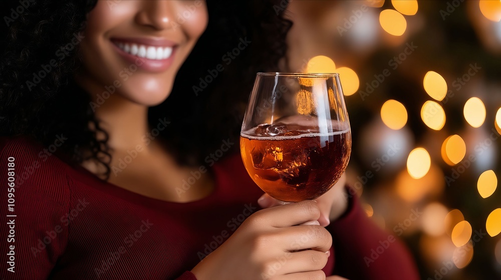 A woman holding a glass of wine in front of a Christmas tree A woman holding a glass of wine in front of a Christmas tree