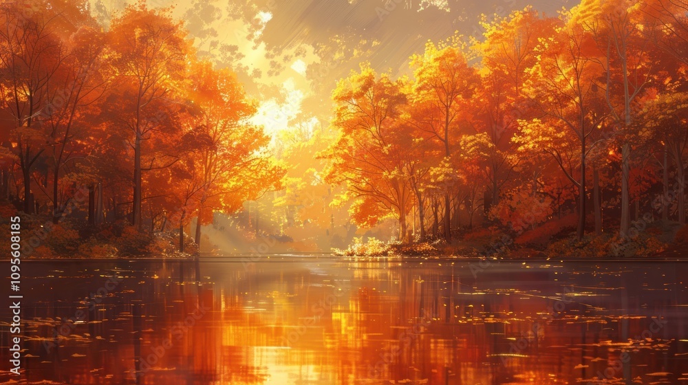 A serene autumn landscape with vibrant orange foliage reflecting on a tranquil river. A serene autumn landscape with vibrant orange foliage reflecting on a tranquil river.