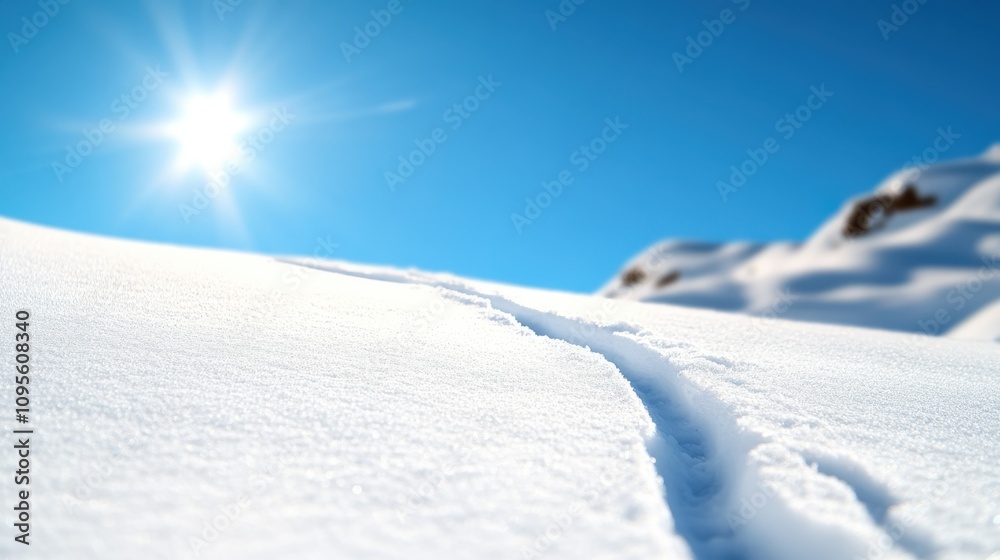 A close-up perspective of fresh snow leading into a bright horizon, highlighting the brilliant sun rays and creating a serene and tranquil winter atmosphere. A close-up perspective of fresh snow leading into a bright horizon, highlighting the brilliant sun rays and creating a serene and tranquil winter atmosphere.