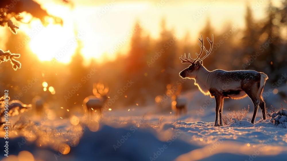A reindeer gazes into the snowy expanse, its silhouette beautifully framed by the golden sunlight of dawn, creating a breathtaking visual tapestry of winter's allure. A reindeer gazes into the snowy expanse, its silhouette beautifully framed by the golden sunlight of dawn, creating a breathtaking visual tapestry of winter's allure.