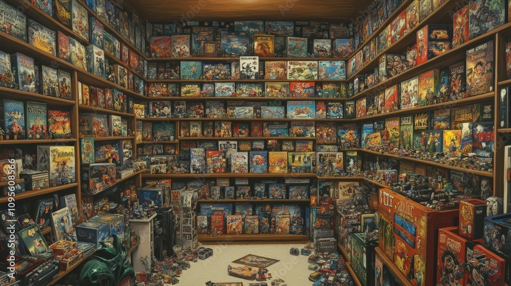 Cozy Game Collection on Shelves with Soft Lighting Cozy Game Collection on Shelves with Soft Lighting