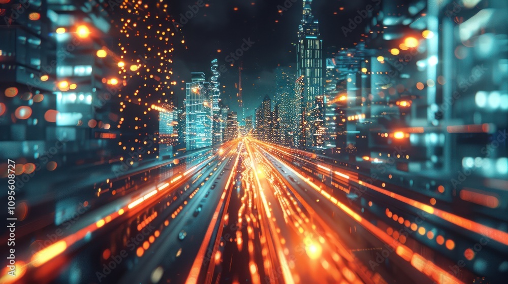 Fototapeta premium A vibrant cityscape with dynamic light trails, suggesting speed and technology.
