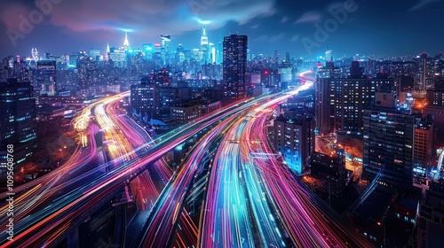 Vibrant cityscape at night with illuminated traffic and skyline.