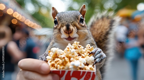 A playful squirrel happily munches on a box of popcorn at a bustling fair, highlighting the joy and liveliness of nature amidst human activities. photo