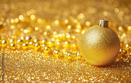 Golden Christmas background with golden glitter and shiny gold decorations., shiny yellow tinsel, golden beads, and garland on a sparkling background. photo