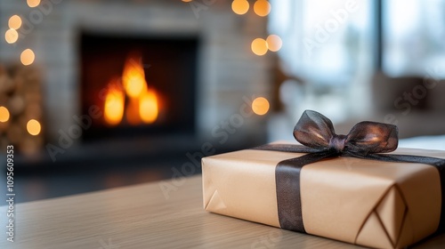 A chicly wrapped gift with a black ribbon sits stylishly on a table, with a fireplace flickering in the background, offering a snug, artistic vibe. photo