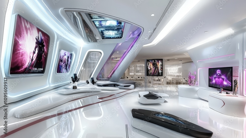 Futuristic Gaming Room with Bright Lighting and Art Futuristic Gaming Room with Bright Lighting and Art