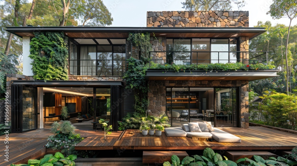 Modern house surrounded by greenery with large windows and a wooden deck. Modern house surrounded by greenery with large windows and a wooden deck.