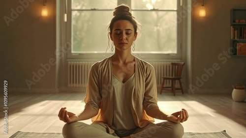 A serene woman meditating in a bright, peaceful room, promoting mindfulness and relaxation.