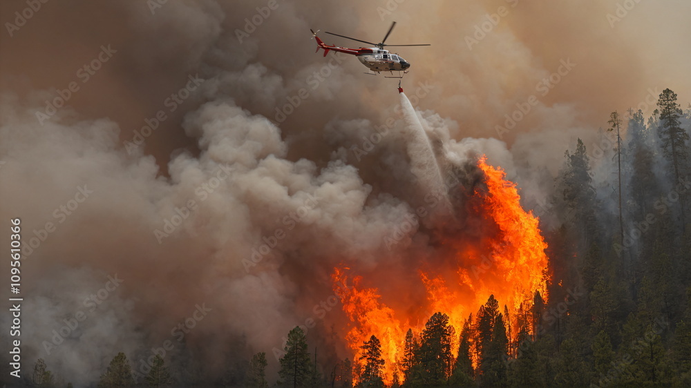 Obraz premium Helicopter Battling Forest Fire: Water Dropping Over Intense Blaze with Thick Smoke and Fiery Landscape – Detailed Red Markings, Rescue Equipment, High-Definition Photorealistic Scene