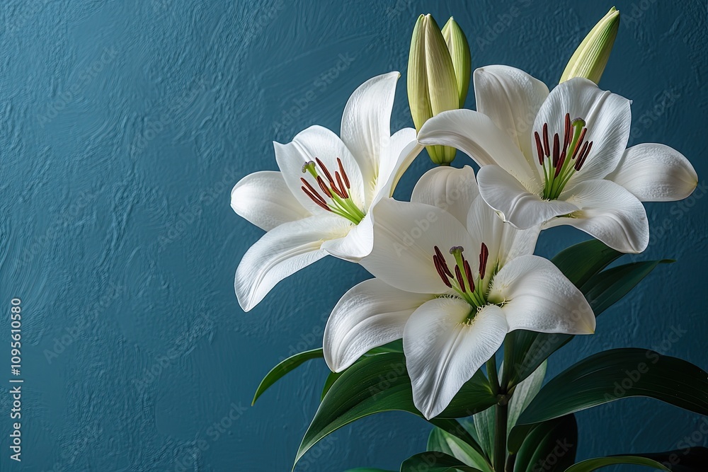Fototapeta premium White lilies with green leaves on a blue background. Perfect for floral arrangements, greeting cards, or other designs.