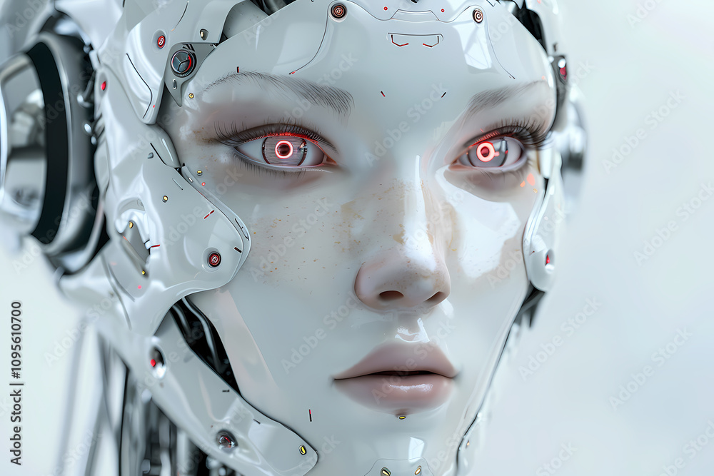A close-up of a futuristic female robot with white synthetic skin, intricate designs, and glowing red eyes, conveying a sense of advanced technology. A close-up of a futuristic female robot with white synthetic skin, intricate designs, and glowing red eyes, conveying a sense of advanced technology.