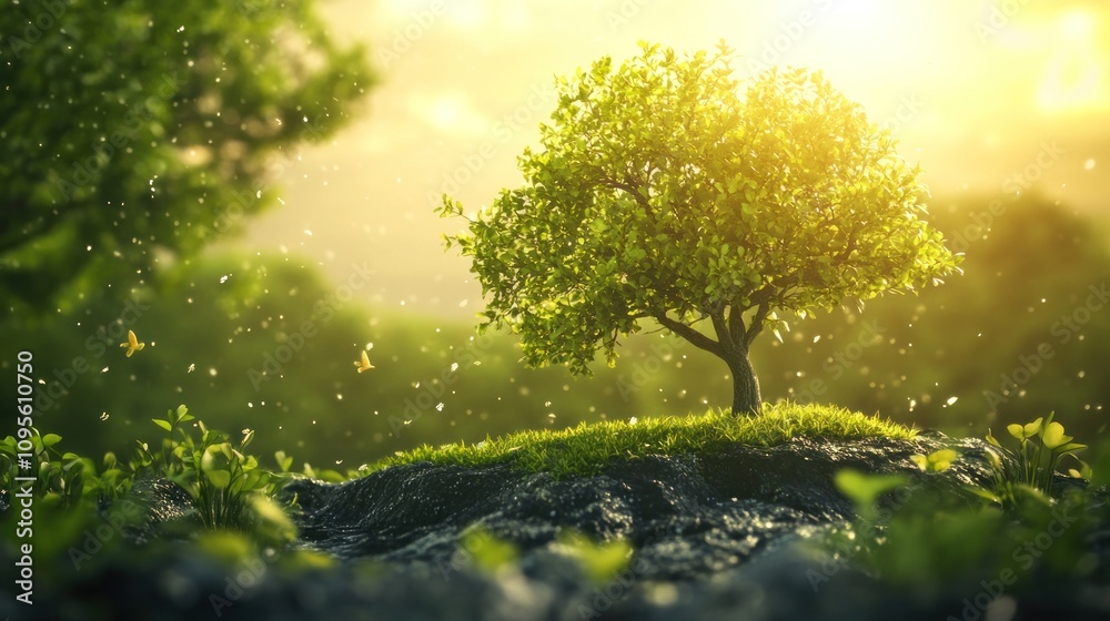 Green tree illuminated by sunlight with lush grass and floating pollen Green tree illuminated by sunlight with lush grass and floating pollen
