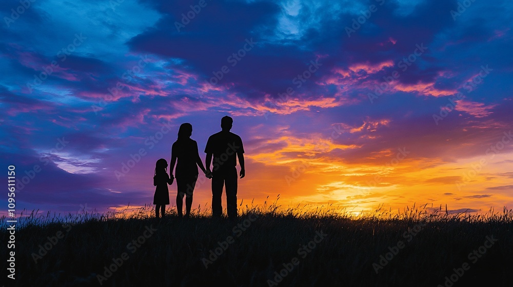 Fototapeta premium Silhouettes of a family standing in a field at sunset.