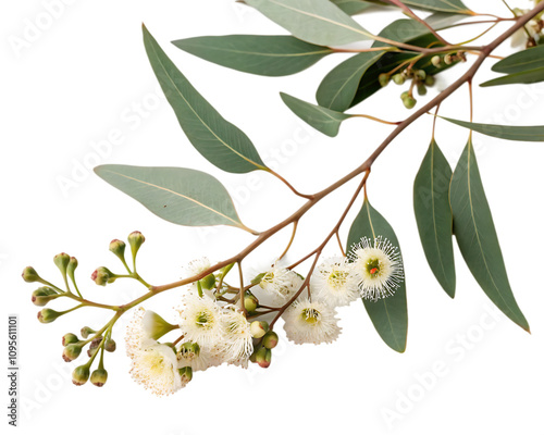 Eucalyptus branch with flowers isolated on white background as transparent. PNG. AI GENERATED.