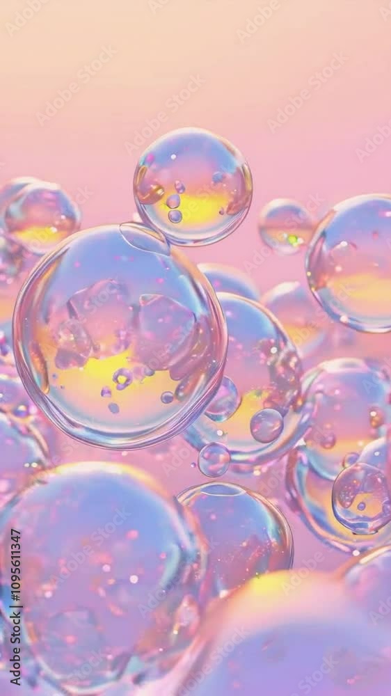 A collection of iridescent bubbles floating against a soft pastel background.
