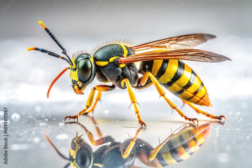 Motion-blurred black and yellow wasp floats against a pristine white backdrop. Motion-blurred black and yellow wasp floats against a pristine white backdrop.