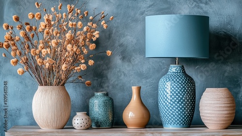 Stylish Home Decor: Blue Table Lamp, Dried Flowers, and Ceramic Vases photo