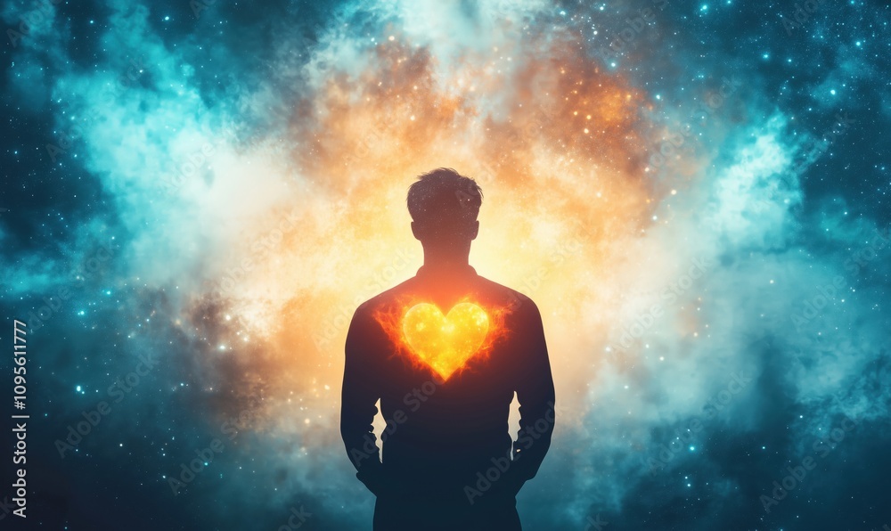 Cosmic heart silhouette, man standing against vibrant galaxy background, glowing heart shape emanating warmth and light, symbolizing love and connection Cosmic heart silhouette, man standing against vibrant galaxy background, glowing heart shape emanating warmth and light, symbolizing love and connection